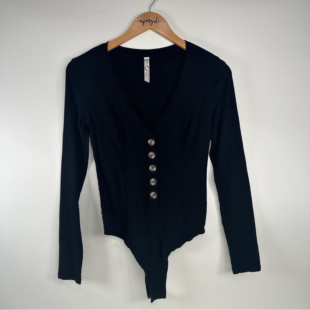 Free People Intimately Long Sleeve V-Neck Button Down Body Suit Black Size Small